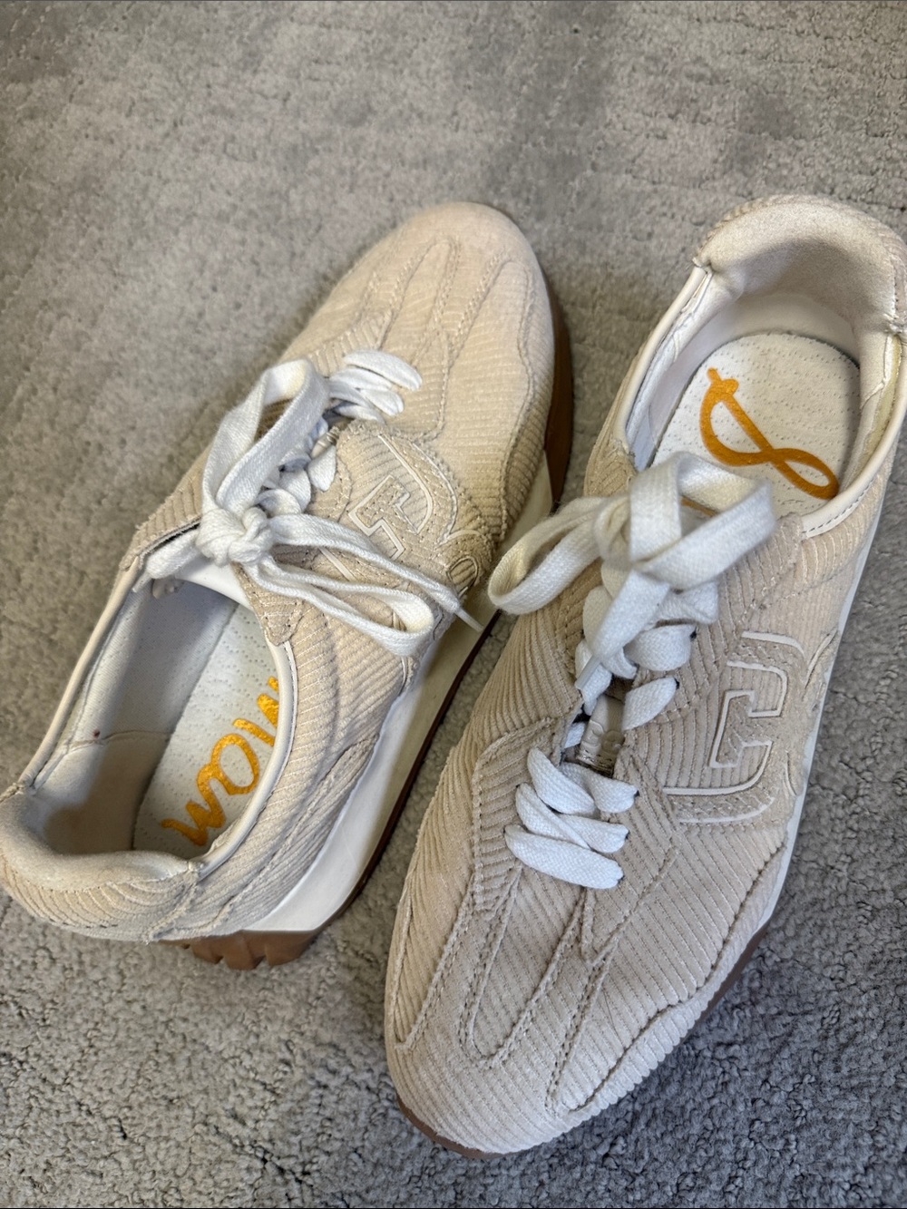 Sam Edelman Cream Corduroy Sneakers with Brown Sole